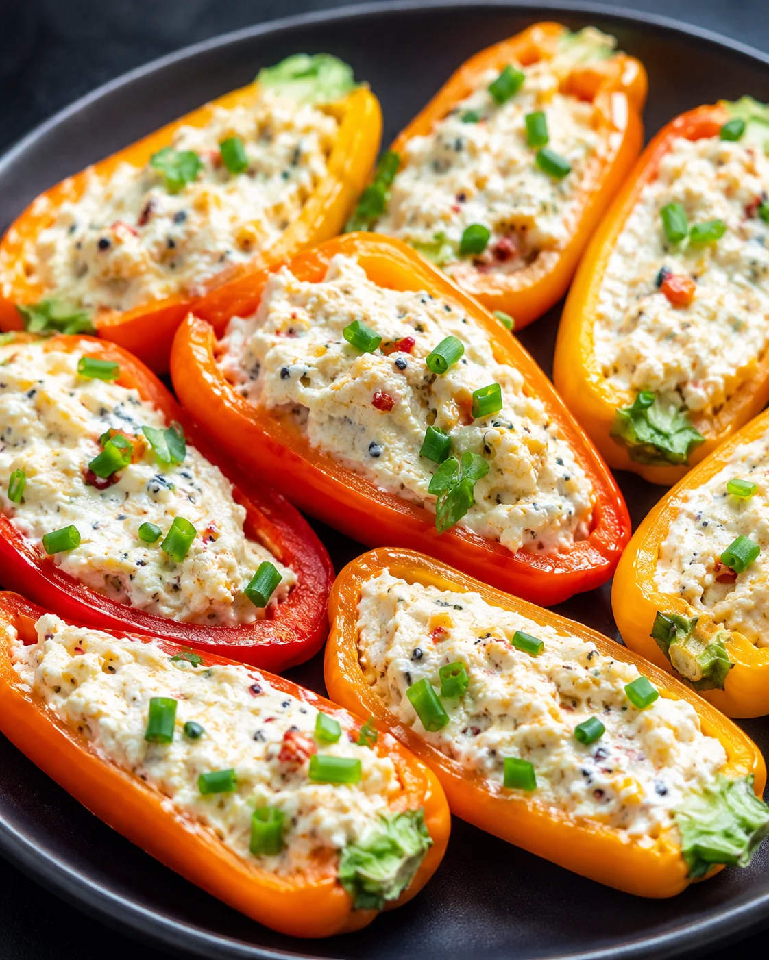 Colorful mini peppers filled with cheese and topped with green onions.