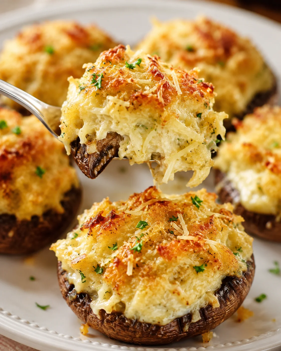 Delicious baked mushrooms filled with creamy crab mixture and topped with crispy topping.