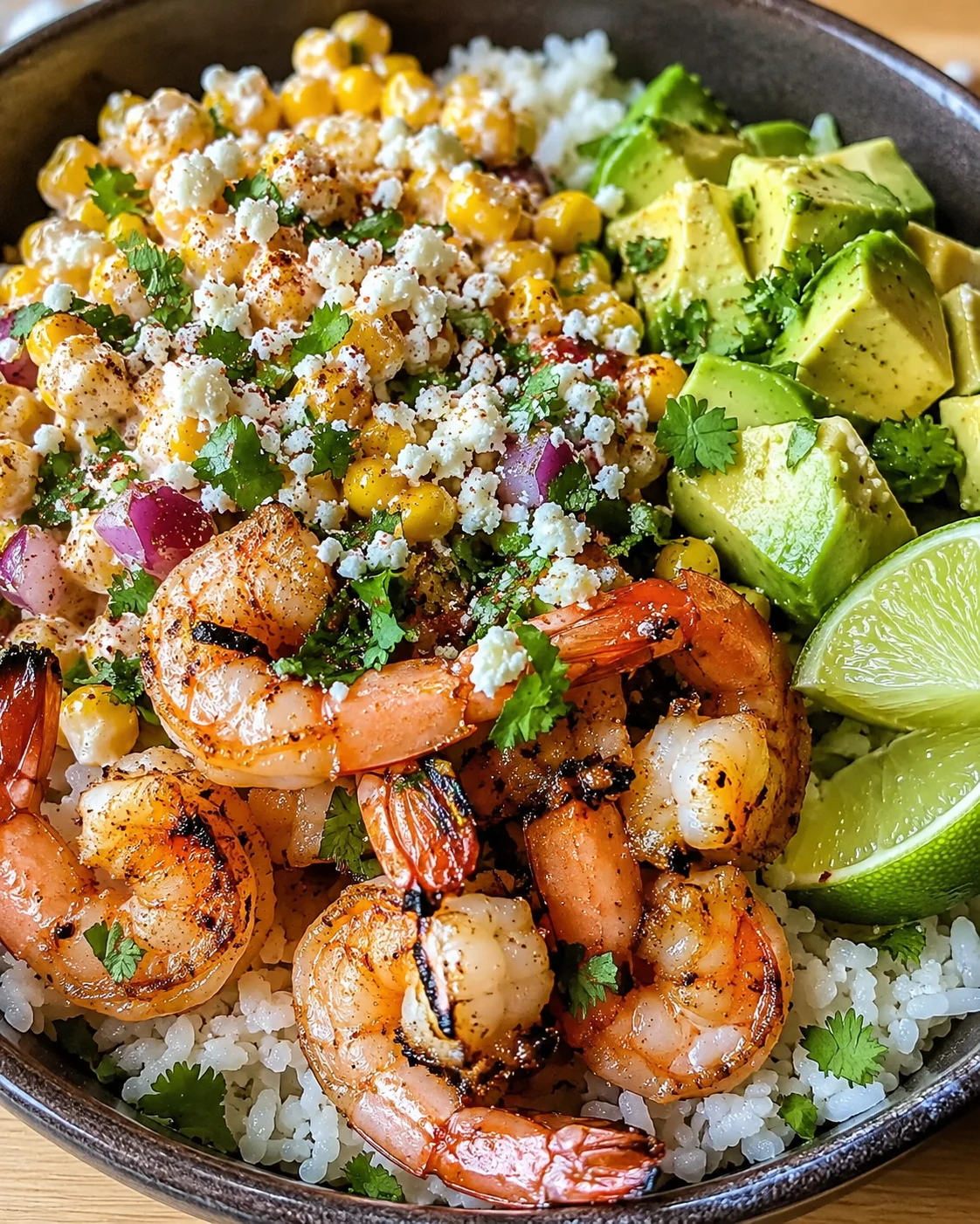 Colorful shrimp and avocado bowls with lime and corn on a black plate