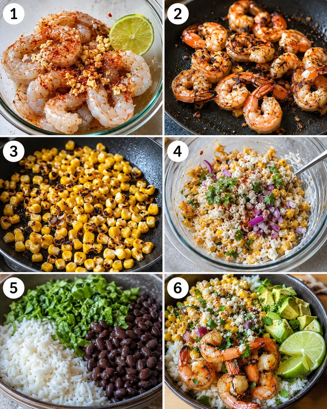 Step-by-step images showing shrimp, corn, and bowl assembly for Mexican street corn shrimp bowls.