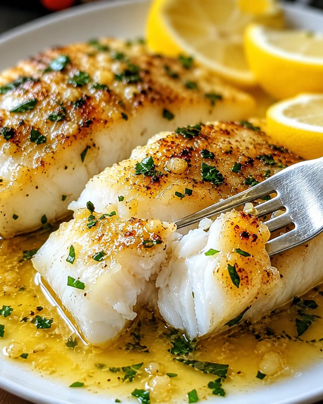 Delicious lemon garlic butter cod fillet with lemon wedges and herbs on a plate