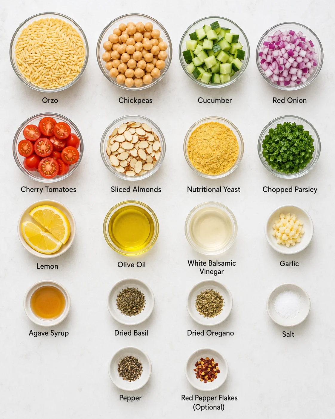 Colorful ingredients for lemon orzo chickpea salad arranged in glass bowls.