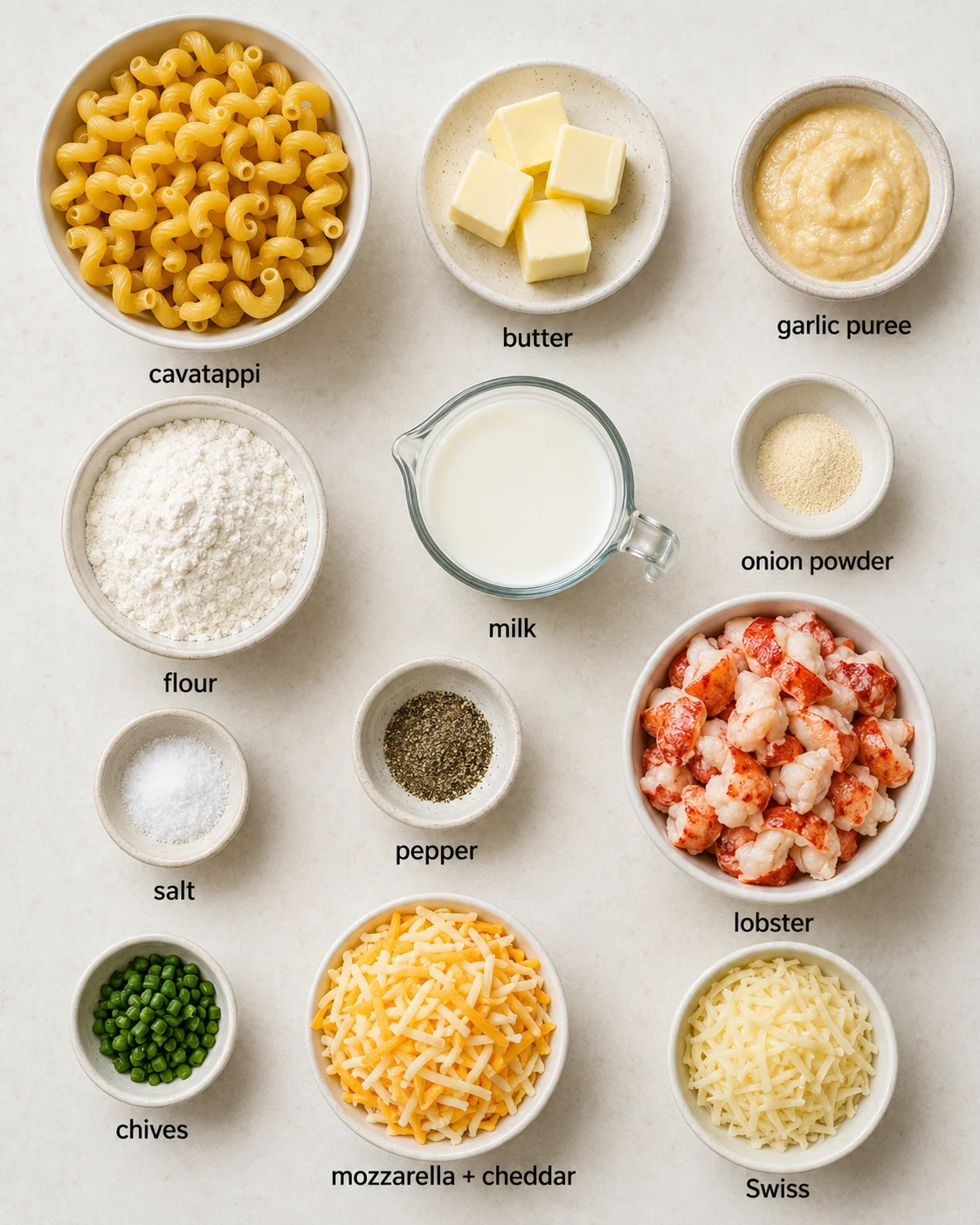 Bowls of cooked macaroni, lobster, cheese, and ingredients ready for cooking.