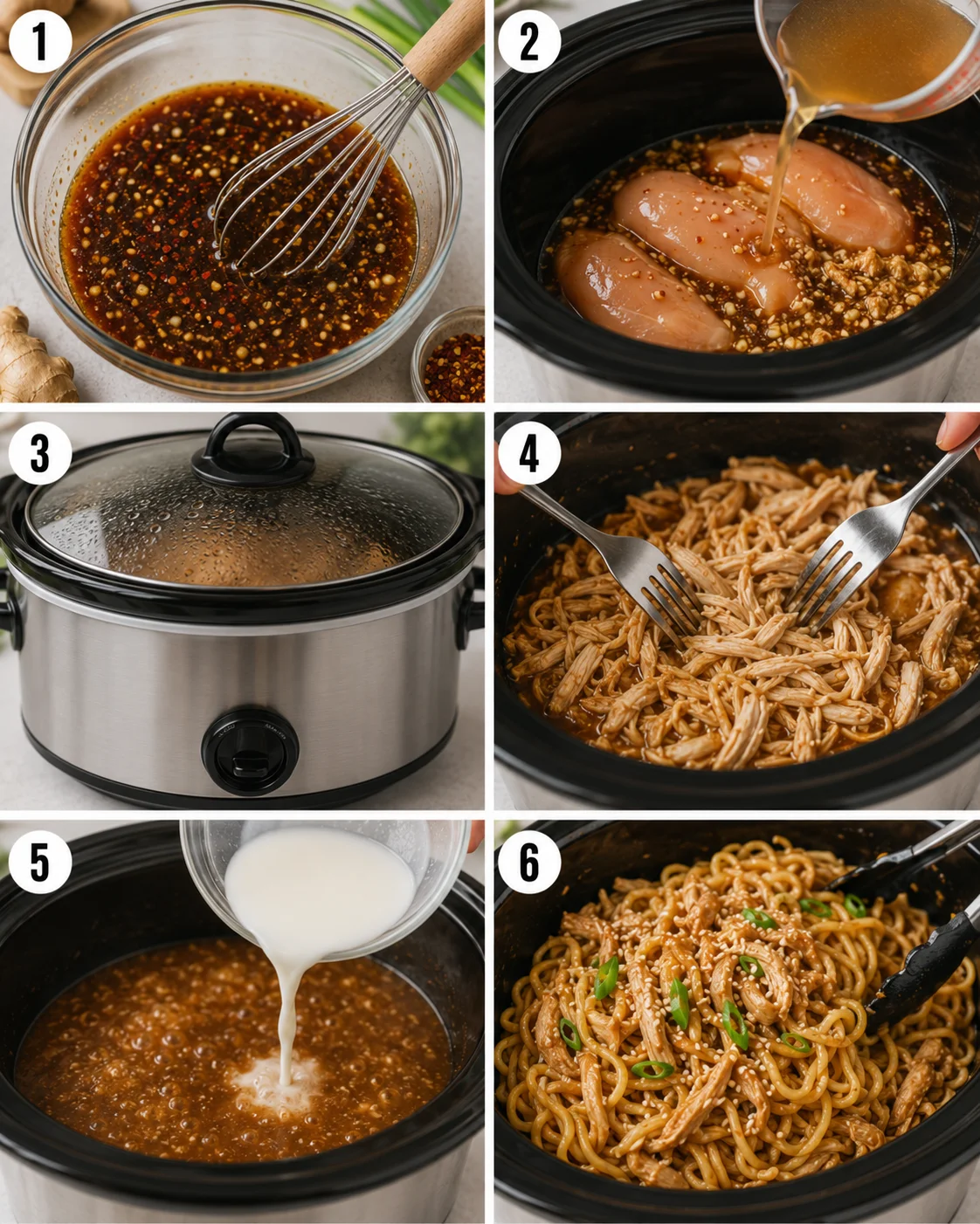 Step-by-step process of making honey garlic chicken noodles in a slow cooker.