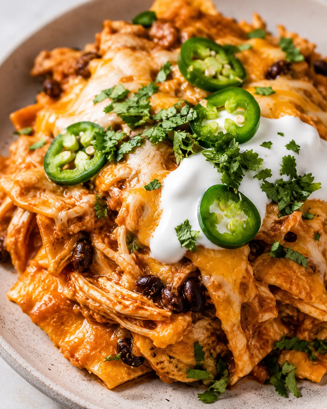 Close-up of cheesy chicken enchiladas topped with jalapenos and cilantro garnishes
