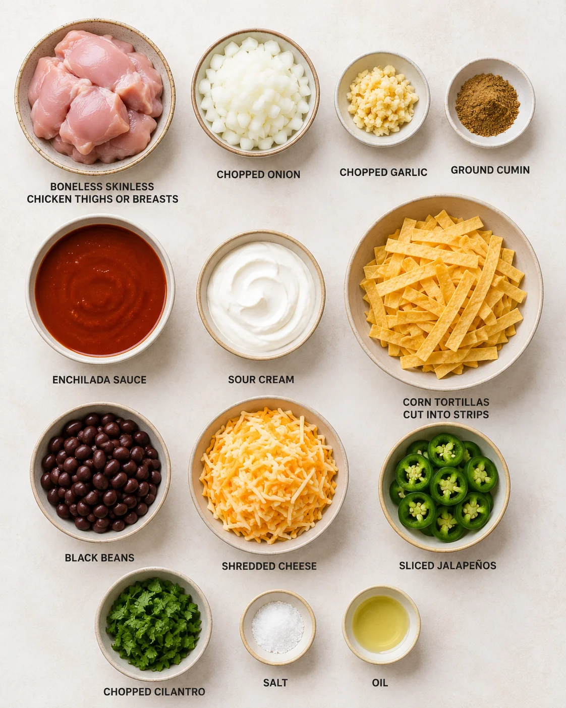 Ingredients arranged for chicken enchiladas in a slow cooker