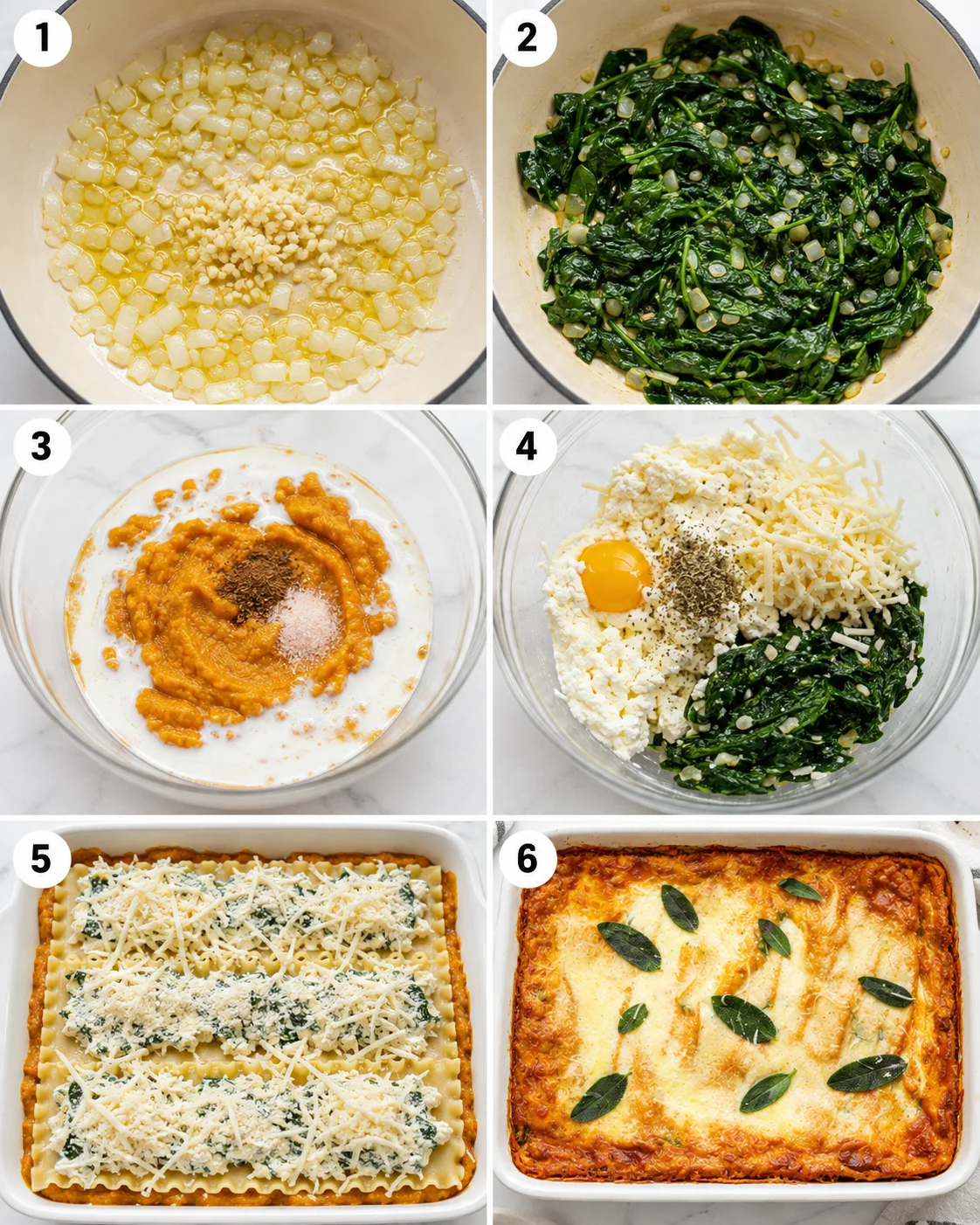 Layers of lasagna noodles, pumpkin ricotta filling, spinach, and melted cheese in a baking dish.