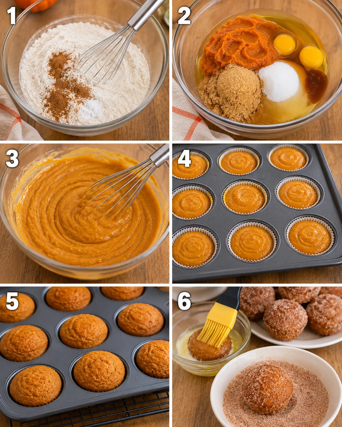 Baking pumpkin donut muffins with cinnamon sugar coating in a glass bowl and muffin tin