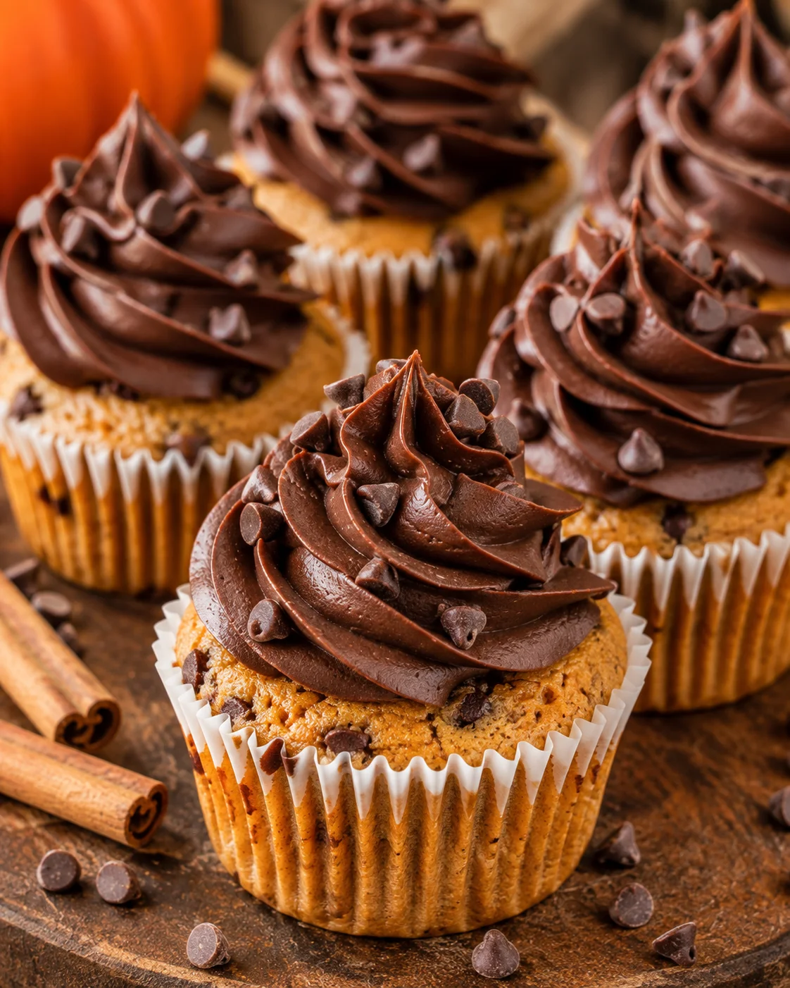 Decorative cupcakes topped with rich chocolate frosting and mini chocolate chips.