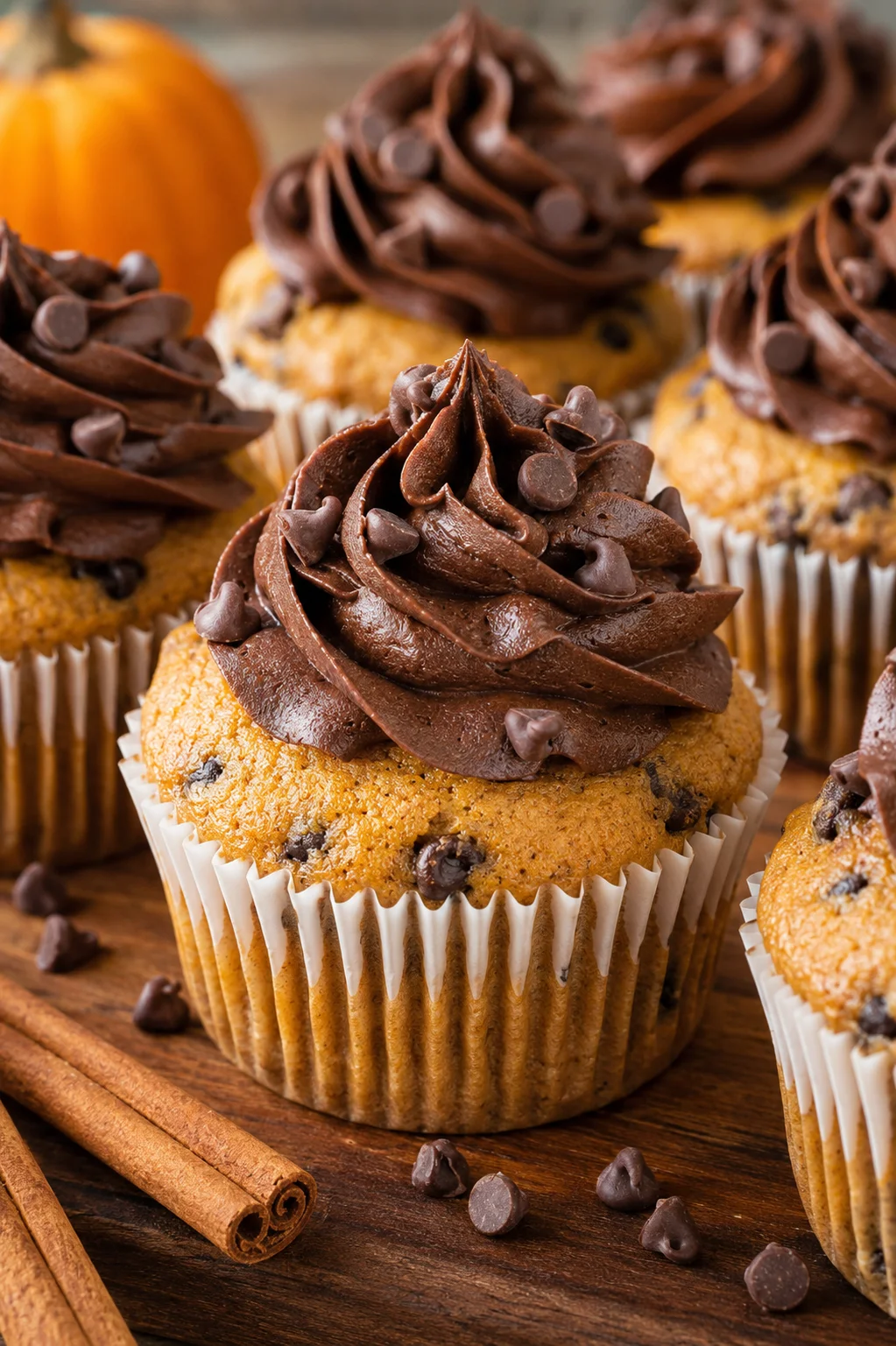 Close-up of moist pumpkin cupcakes topped with rich chocolate frosting and chips