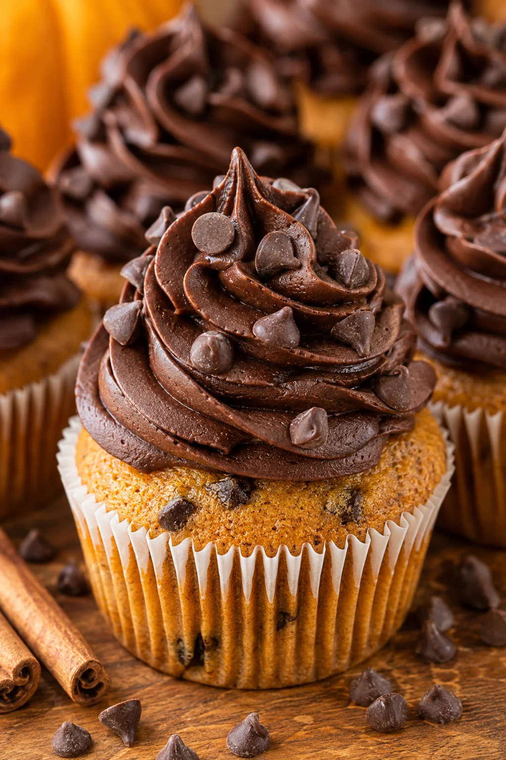 Close-up of moist pumpkin cupcakes topped with rich chocolate frosting and chocolate chips.