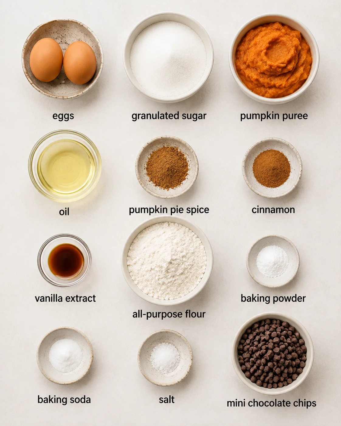 Arrangement of pumpkin cake ingredients with chocolate chips, spices, and eggs.