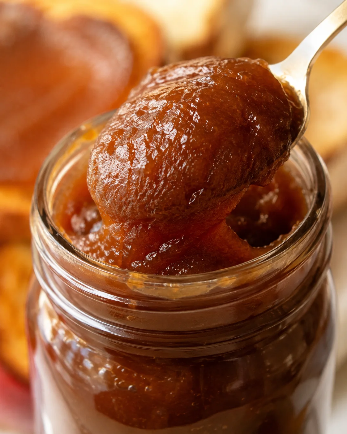 Rich, caramelized apple butter in a glass jar with a spoonful above.