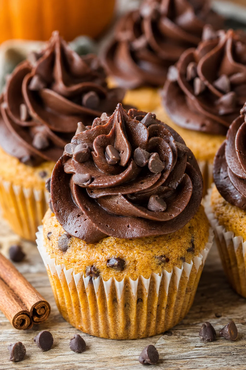 Moist pumpkin cupcakes topped with rich chocolate frosting and mini chocolate chips.