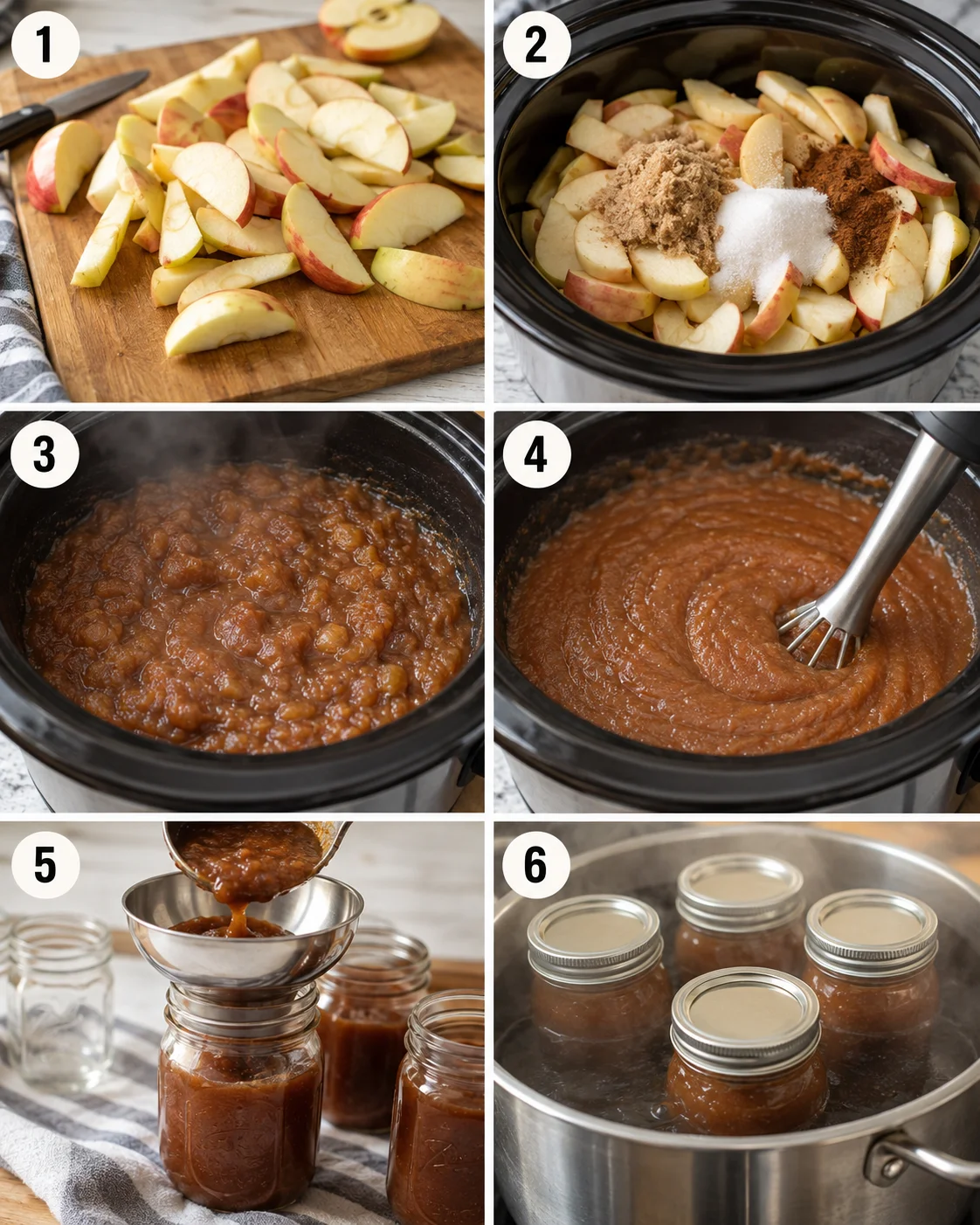 Process of making apple butter with chopped apples, spices, and canning jars.