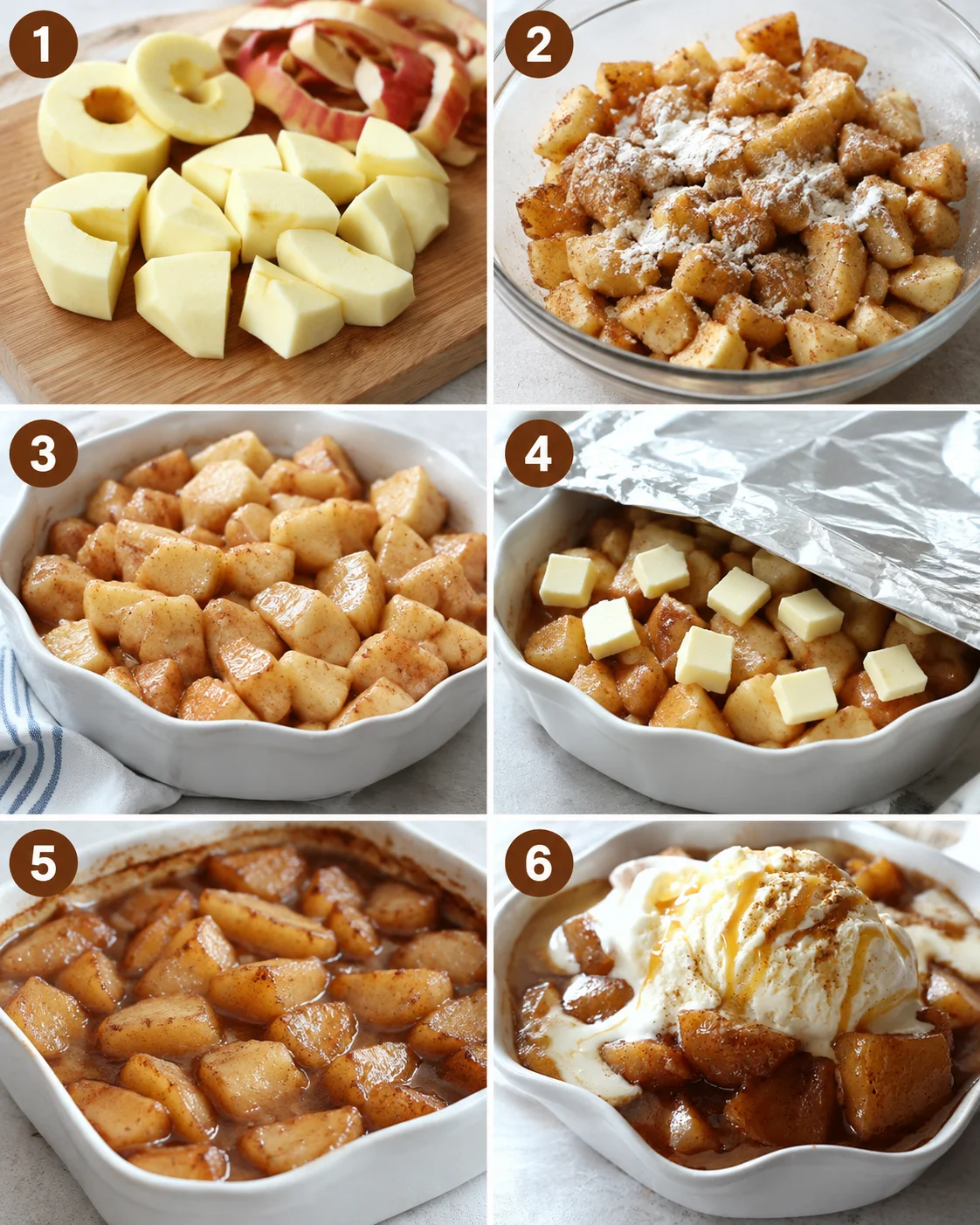 Warm baked apple dish topped with vanilla ice cream and caramel drizzle