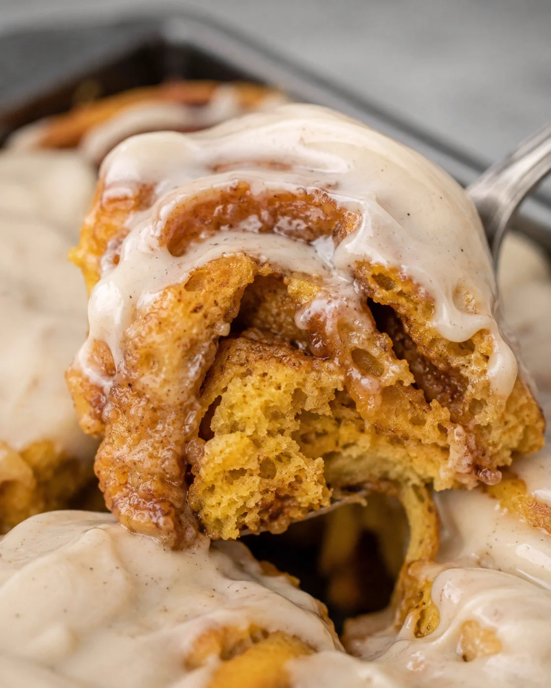 Close-up of soft, cinnamon rolls topped with vanilla bean maple frosting