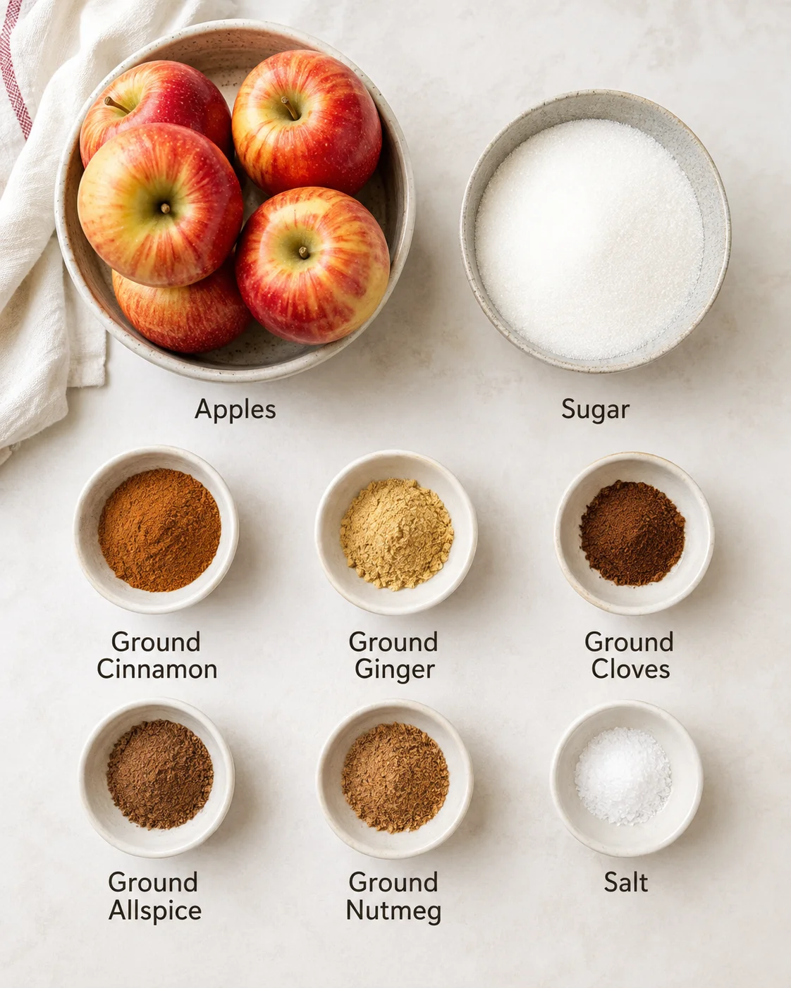Bowl of fresh apples and bowls of spices and sugar for making apple butter