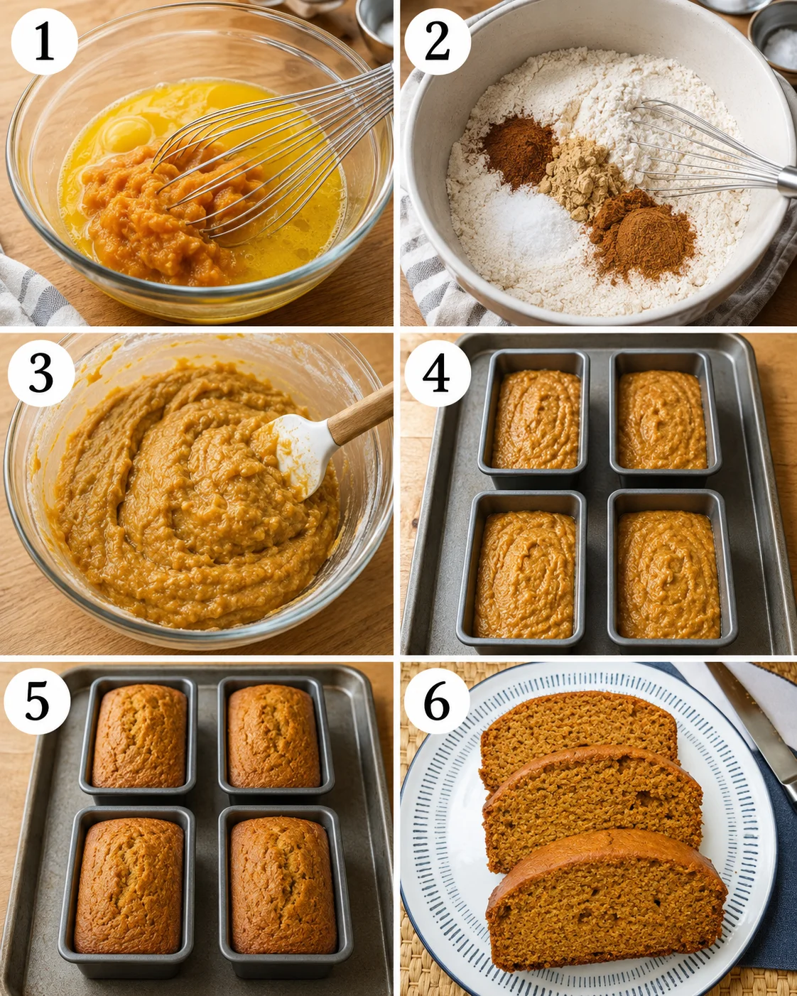 Photo collage showing steps to make moist pumpkin bread with vanilla pudding and spices.