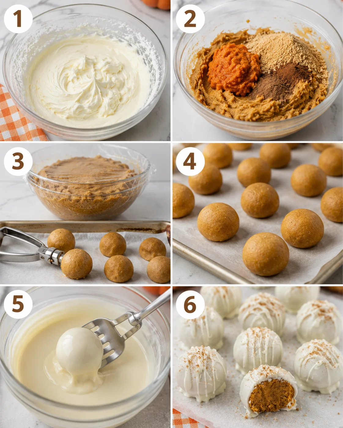 Creamy no-bake pumpkin cheesecake balls coated in white chocolate, perfect for fall desserts