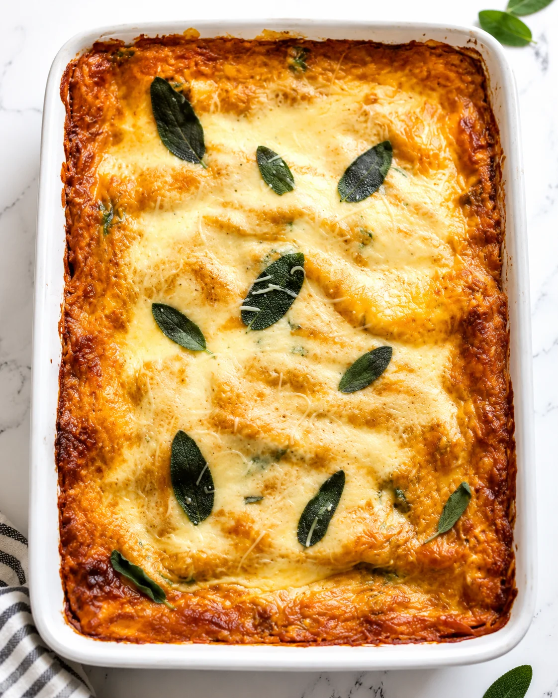Delicious layered lasagna with pumpkin, spinach, ricotta, and melted cheese.