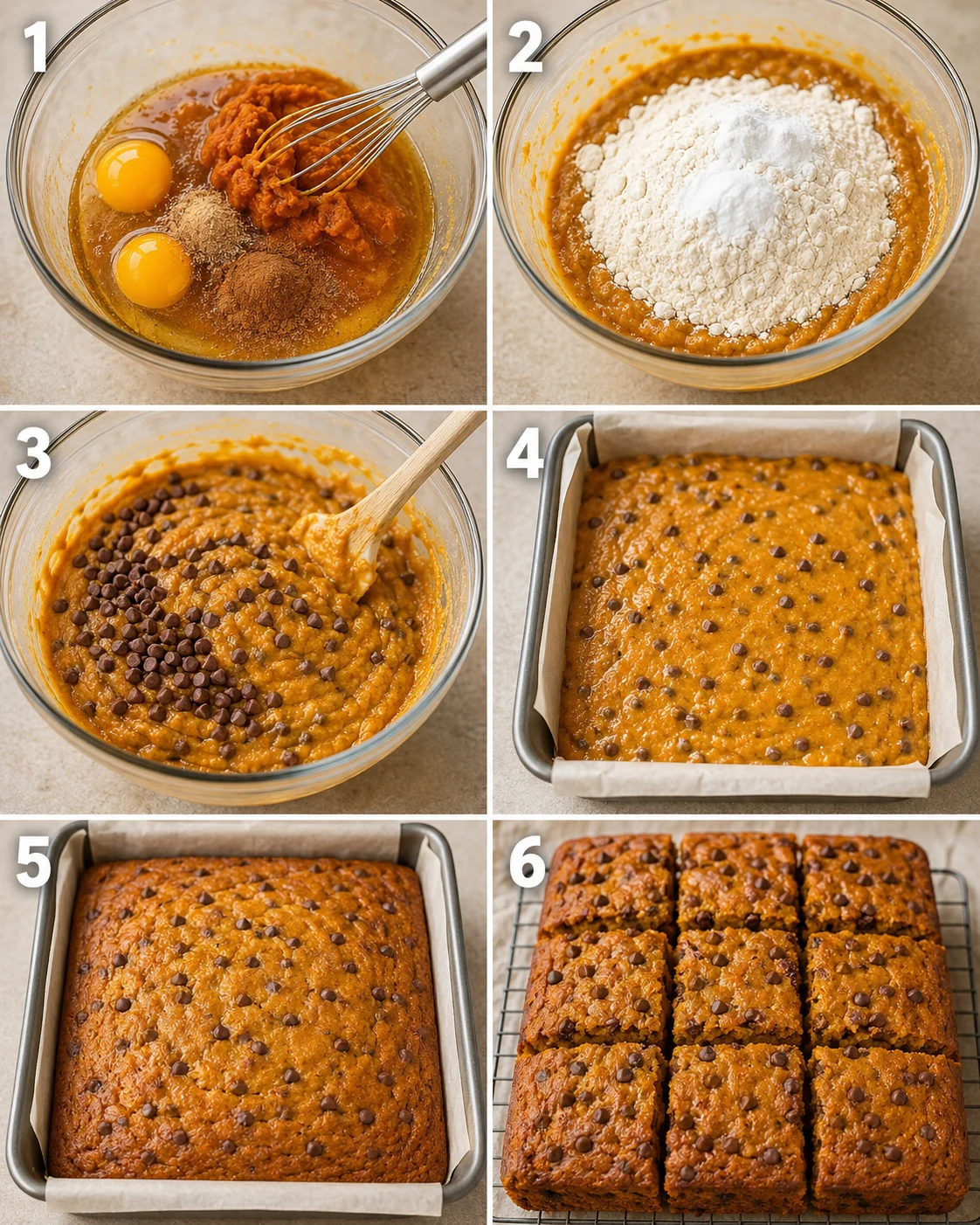 Creamy pumpkin batter with chocolate chips in a glass bowl ready for baking.