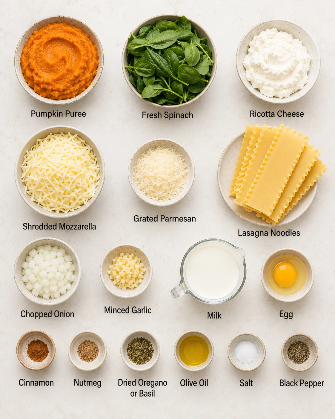Fresh ingredients for vegetarian pumpkin spinach lasagna including pumpkin puree, spinach, and cheeses.