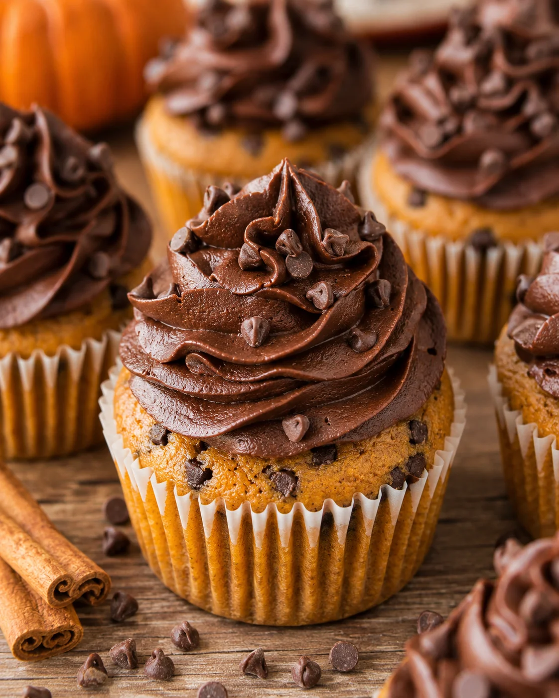 Close-up of moist pumpkin cupcakes with chocolate frosting and chips topping.