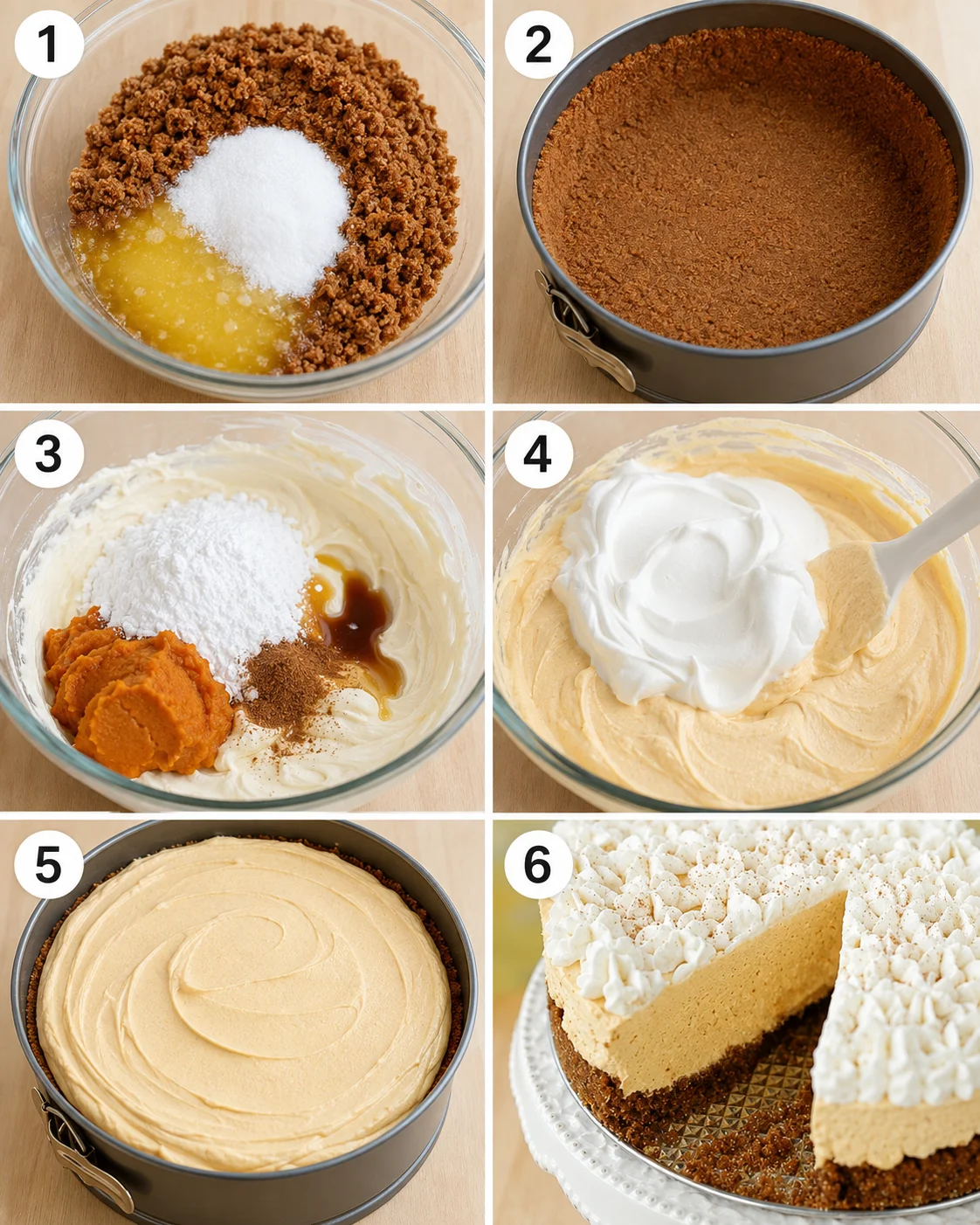 Step-by-step photos of making pumpkin silk pie with crust and filling.