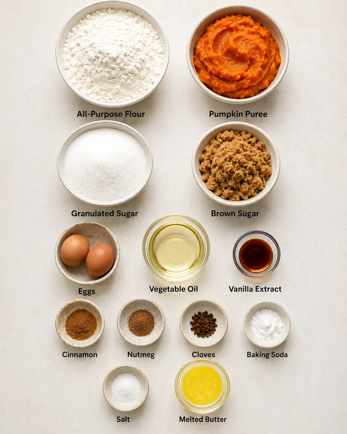 Array of ingredients for pumpkin donut muffins with spices and pumpkin puree