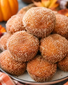 Close-up of cinnamon-sugar coated pumpkin donut muffins on a plate.