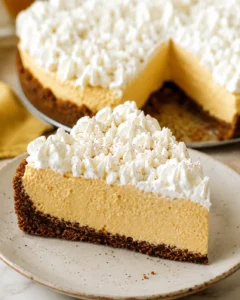Delicious no-bake pumpkin silk pie with whipped topping and gingersnap crust.