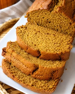 Slice of moist, golden pumpkin bread with vanilla pudding and fall spices.