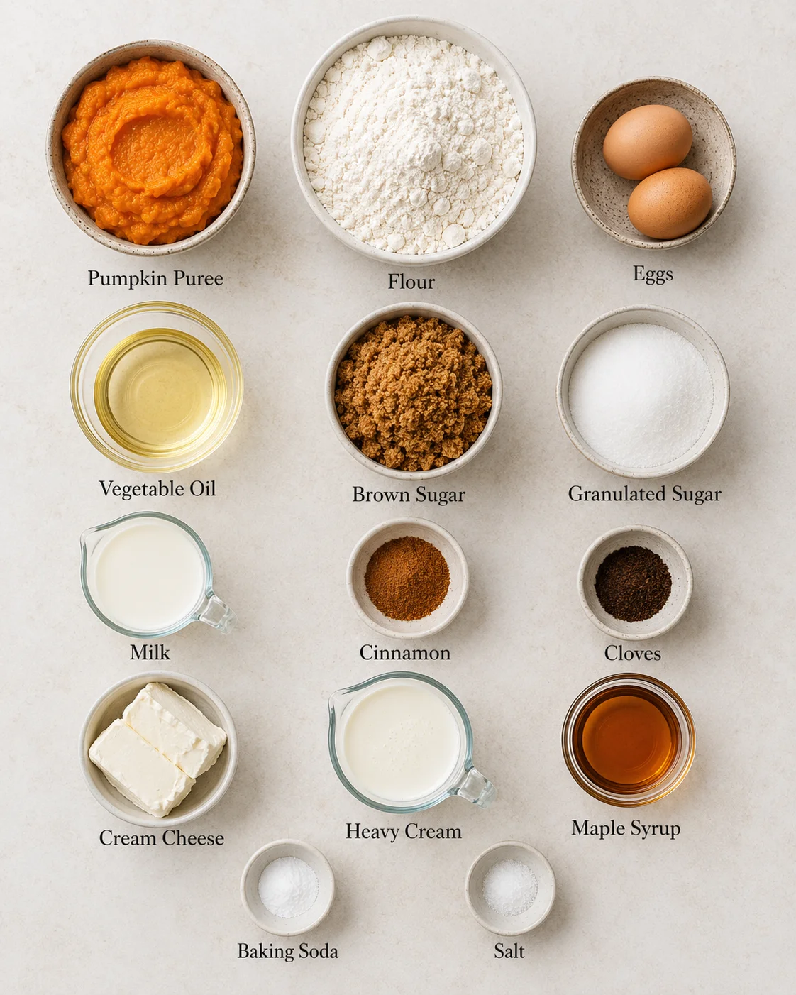 Ingredients for pumpkin muffins with maple cream cheese filling and cinnamon sugar topping.