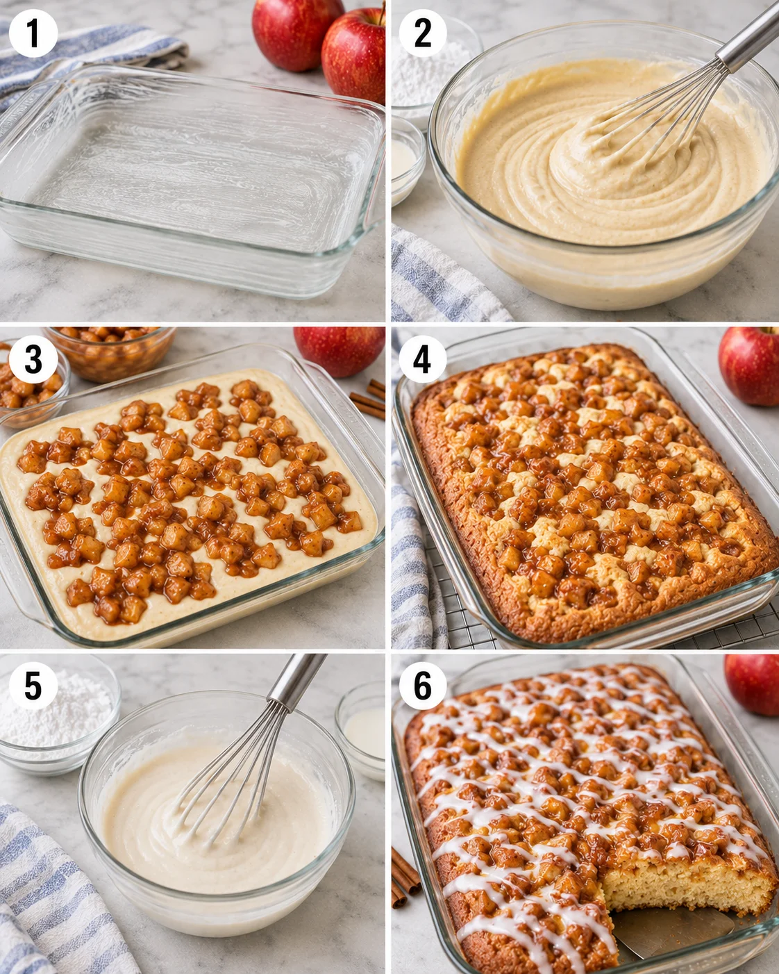 Step-by-step process of making apple pie coffee cake with filling and glaze.