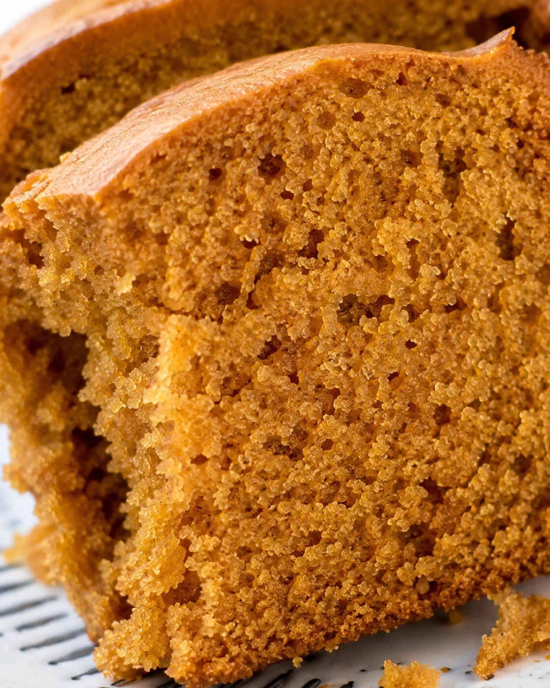 Close-up of a slice of spiced pumpkin bread with vanilla pudding, showing its moist texture.