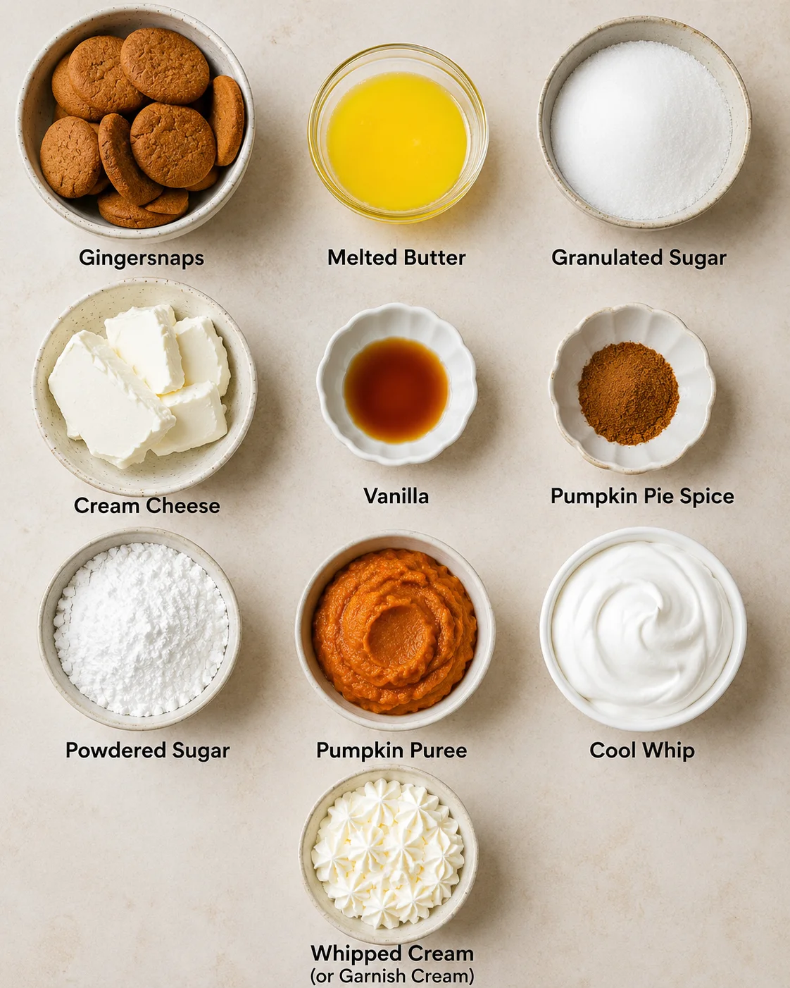 A flat lay of ingredients for pumpkin silk pie including cookies, butter, sugar, cream cheese, vanilla, spices, pumpkin, whipped cream, and Cool Whip.