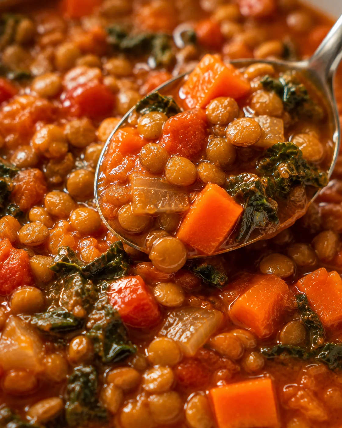 Close-up detail of lentil soup showing texture of lentils, carrots and kale