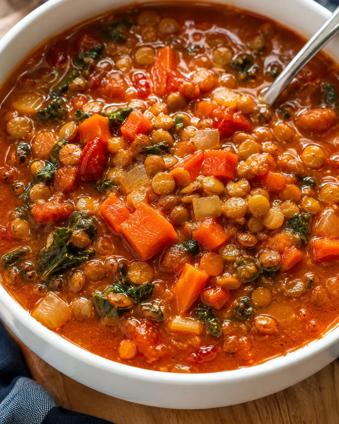 Bowl of lentil soup with carrots, kale, tomatoes and lentils