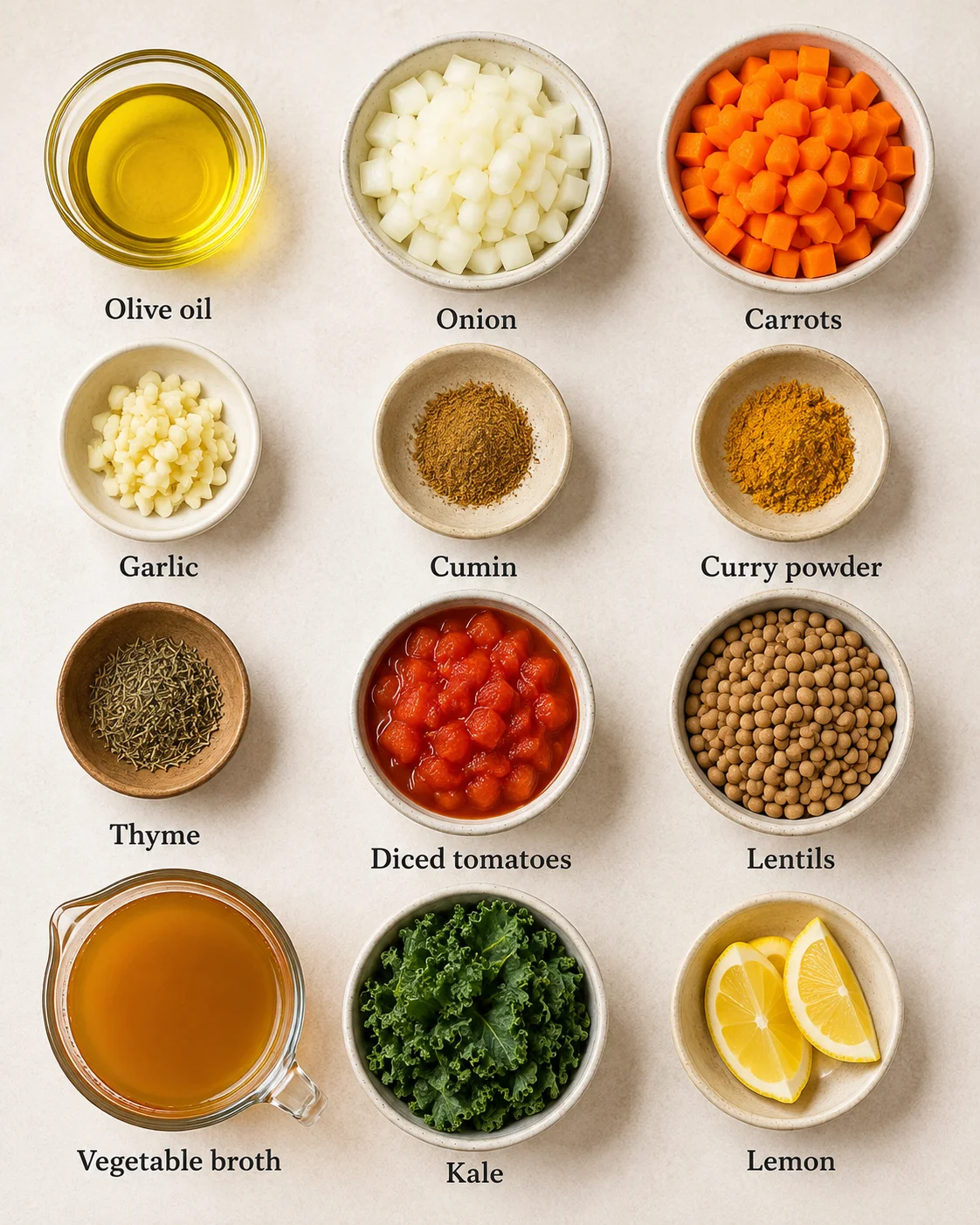 Top-down layout of ingredients for lentil soup including olive oil, onion, carrots, garlic, spices, tomatoes, lentils, broth, kale and lemon