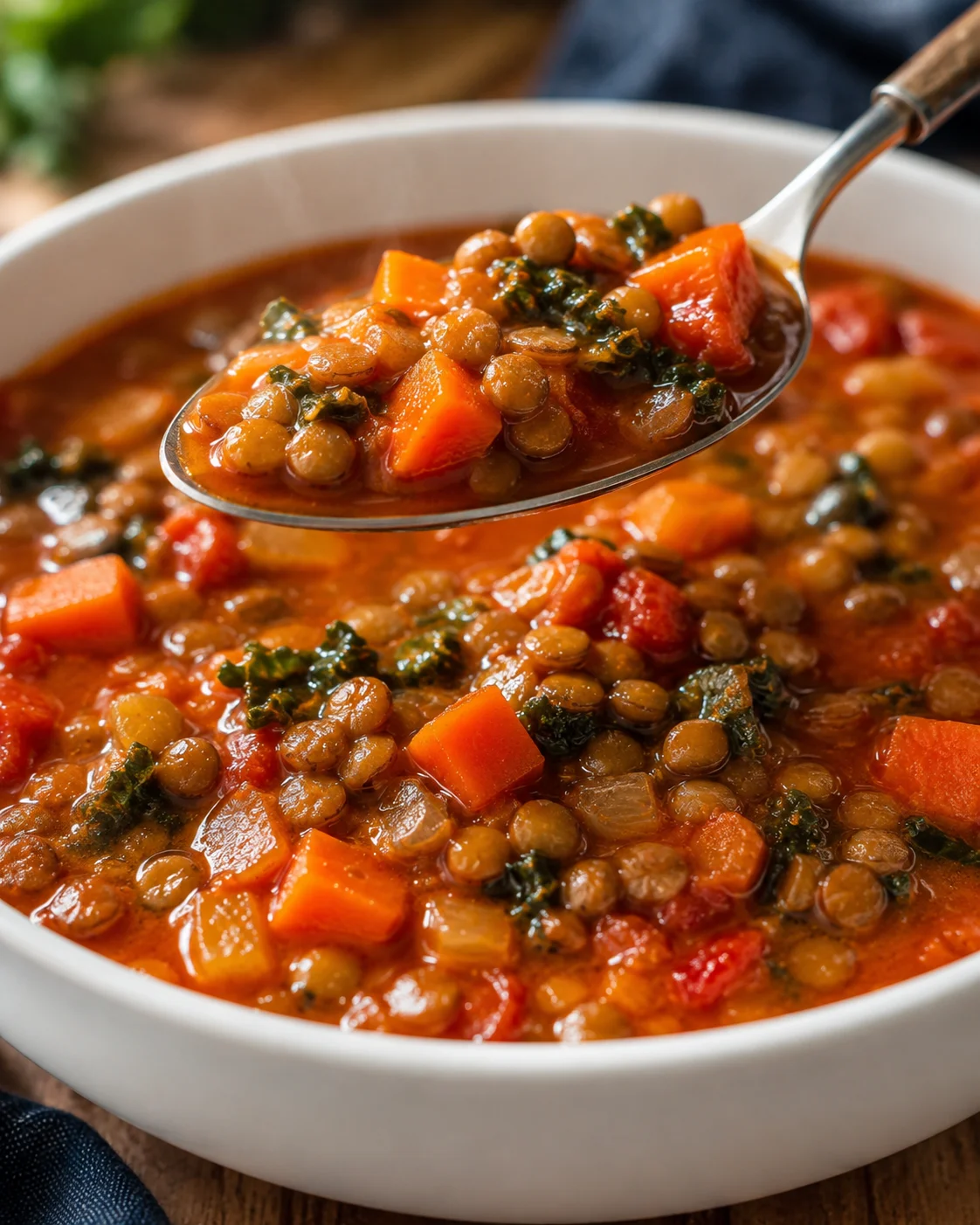 Spoonful of lentil soup lifted above a bowl