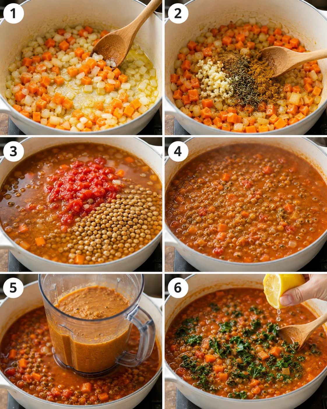 Six-panel collage showing steps to make lentil soup: sautéing, adding spices, adding tomatoes and lentils, simmering, blending and finishing with kale and lemon