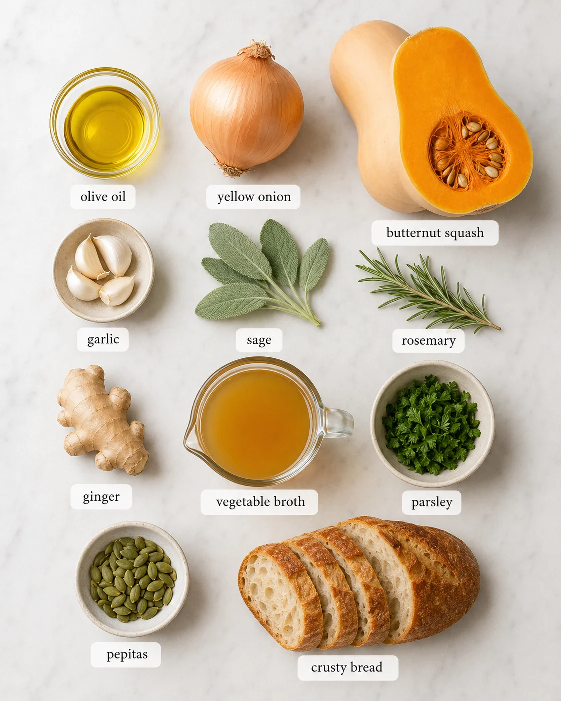 top-down arrangement of ingredients for butternut squash soup including squash, onion, garlic, herbs, broth, pepitas and bread