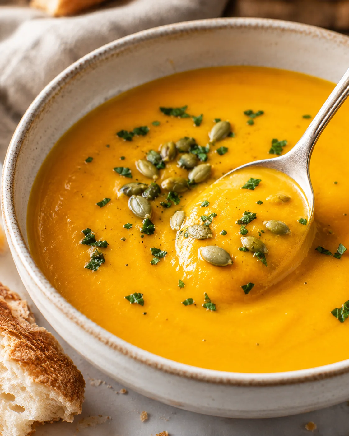 bowl of butternut squash soup with a spoon and crusty bread