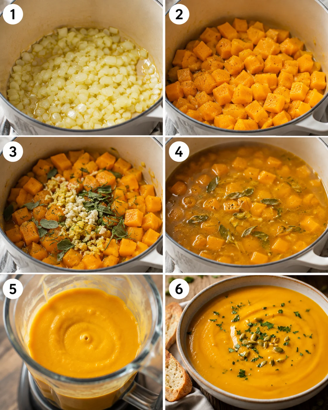 montage of six cooking steps for making butternut squash soup showing sautéed onions, cubed squash, added aromatics, simmering pot, blender, and finished bowl
