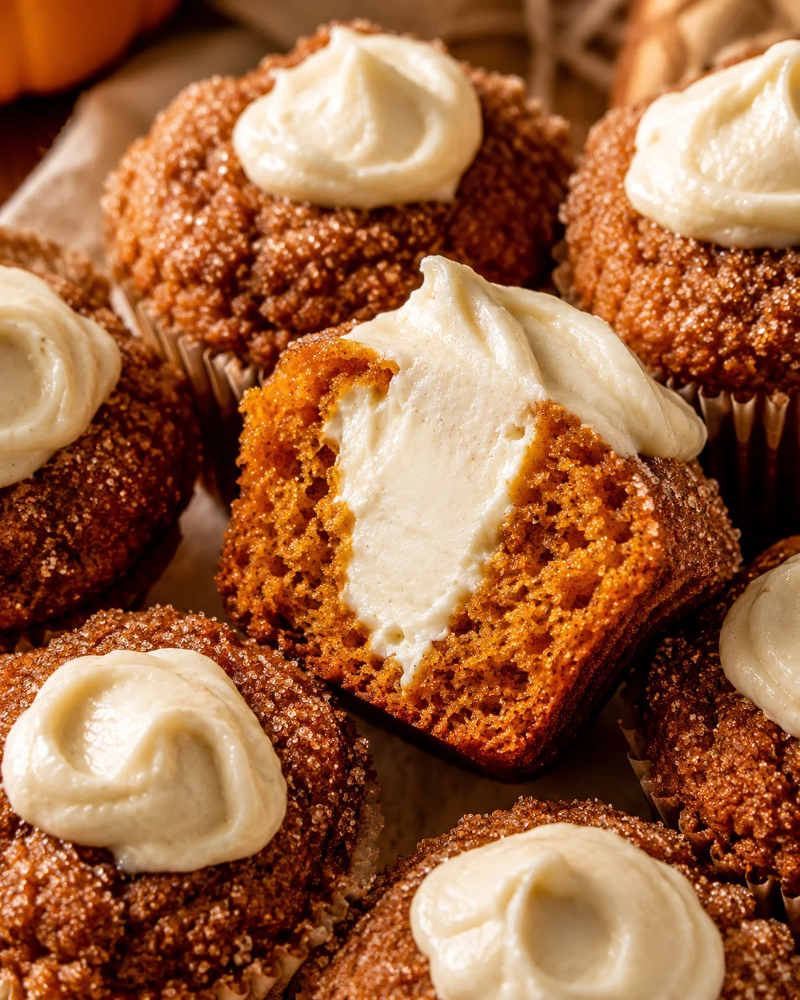 Close-up of delicious pumpkin muffins filled with creamy maple filling and cinnamon sugar topping.