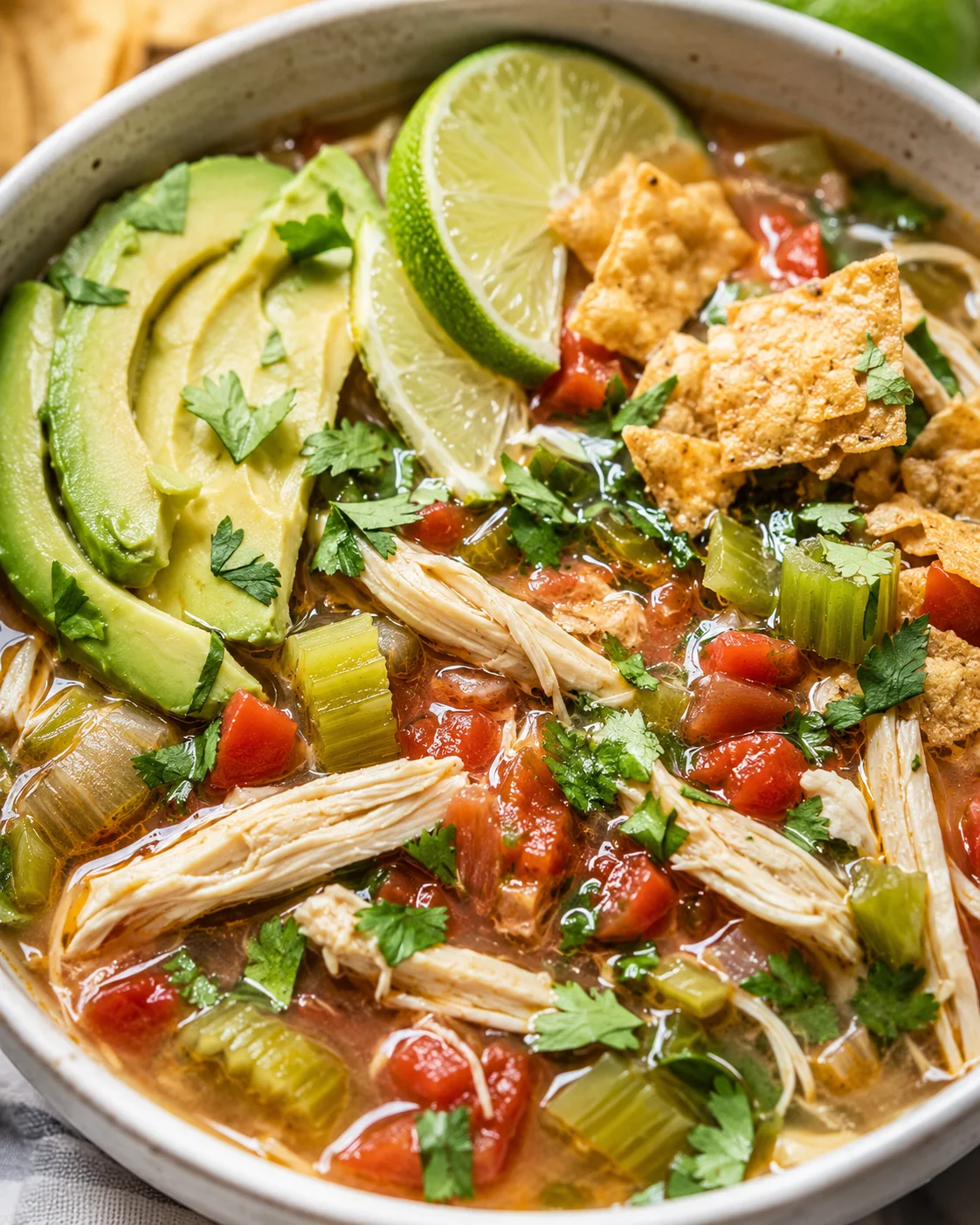 Bowl of chicken and lime soup topped with avocado, lime wedges, shredded chicken, cilantro and tortilla chips