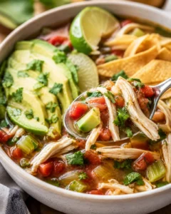 Spoon lifting shredded chicken, avocado and tomatoes from a bowl of chicken and lime soup