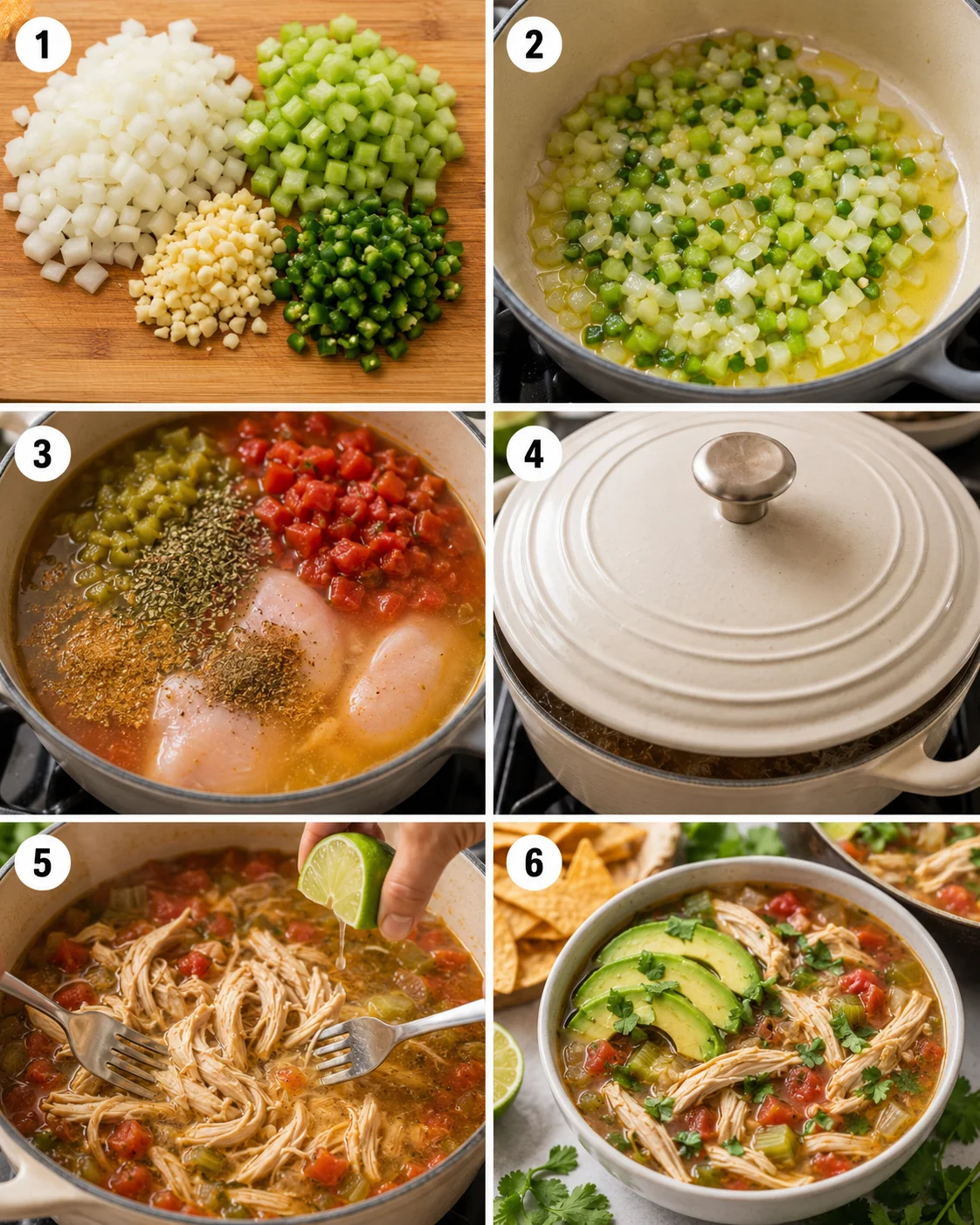 Collage of six numbered photos showing the step-by-step cooking process for chicken and lime soup