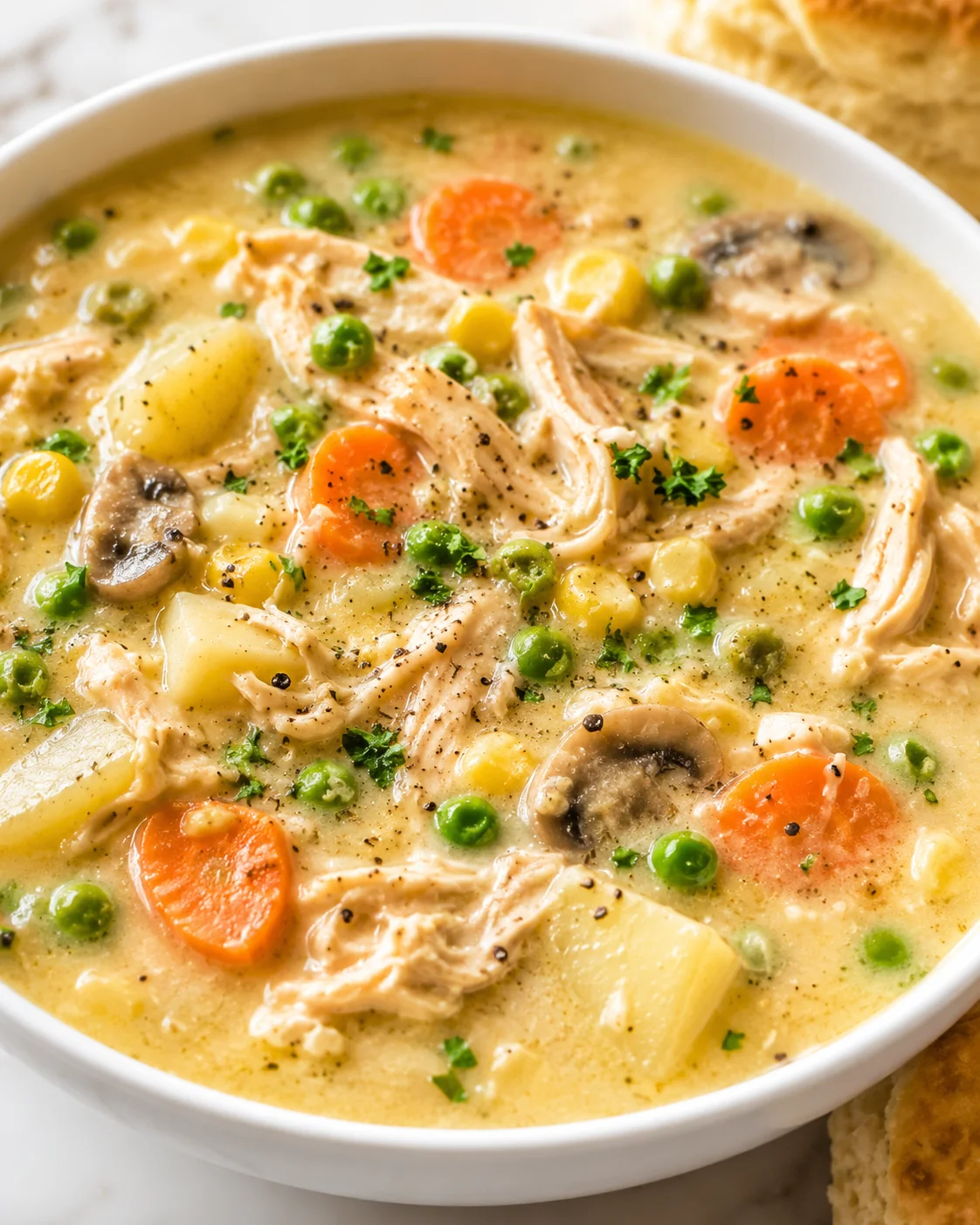 Bowl of creamy chicken pot pie soup with shredded chicken, potatoes, carrots, peas, corn and mushrooms